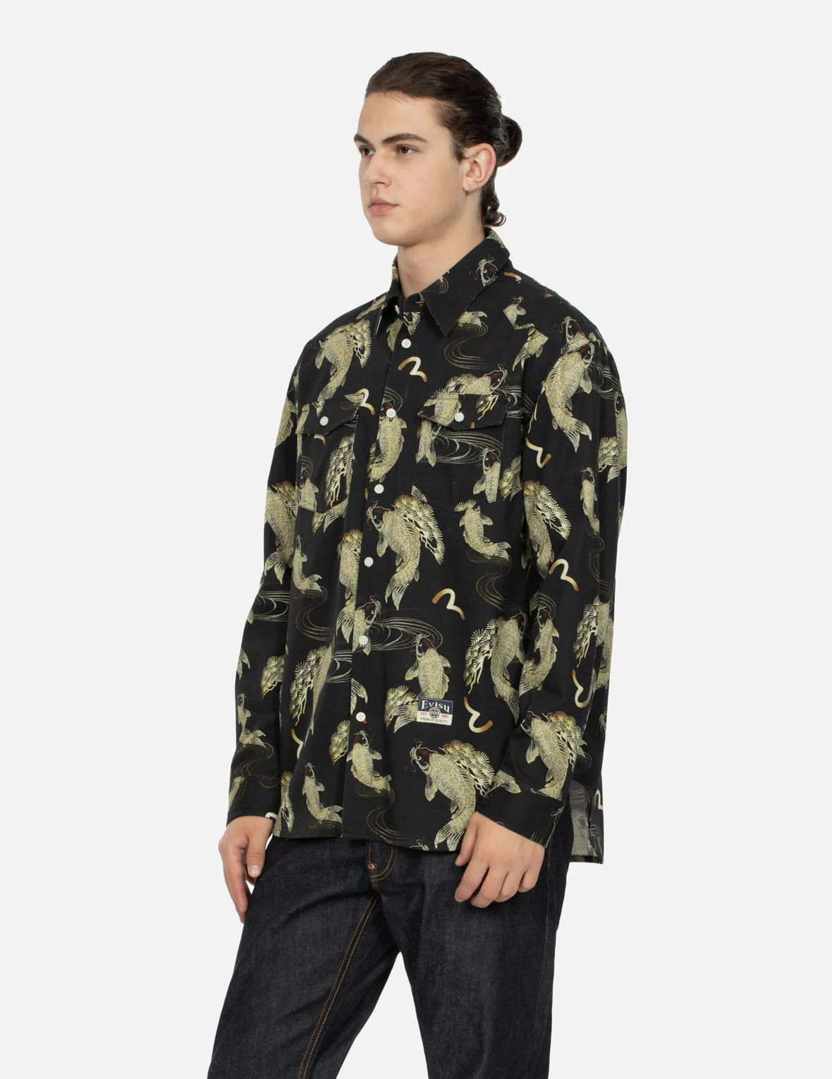 Allover Carp and Seagull Print Oversized Shirt