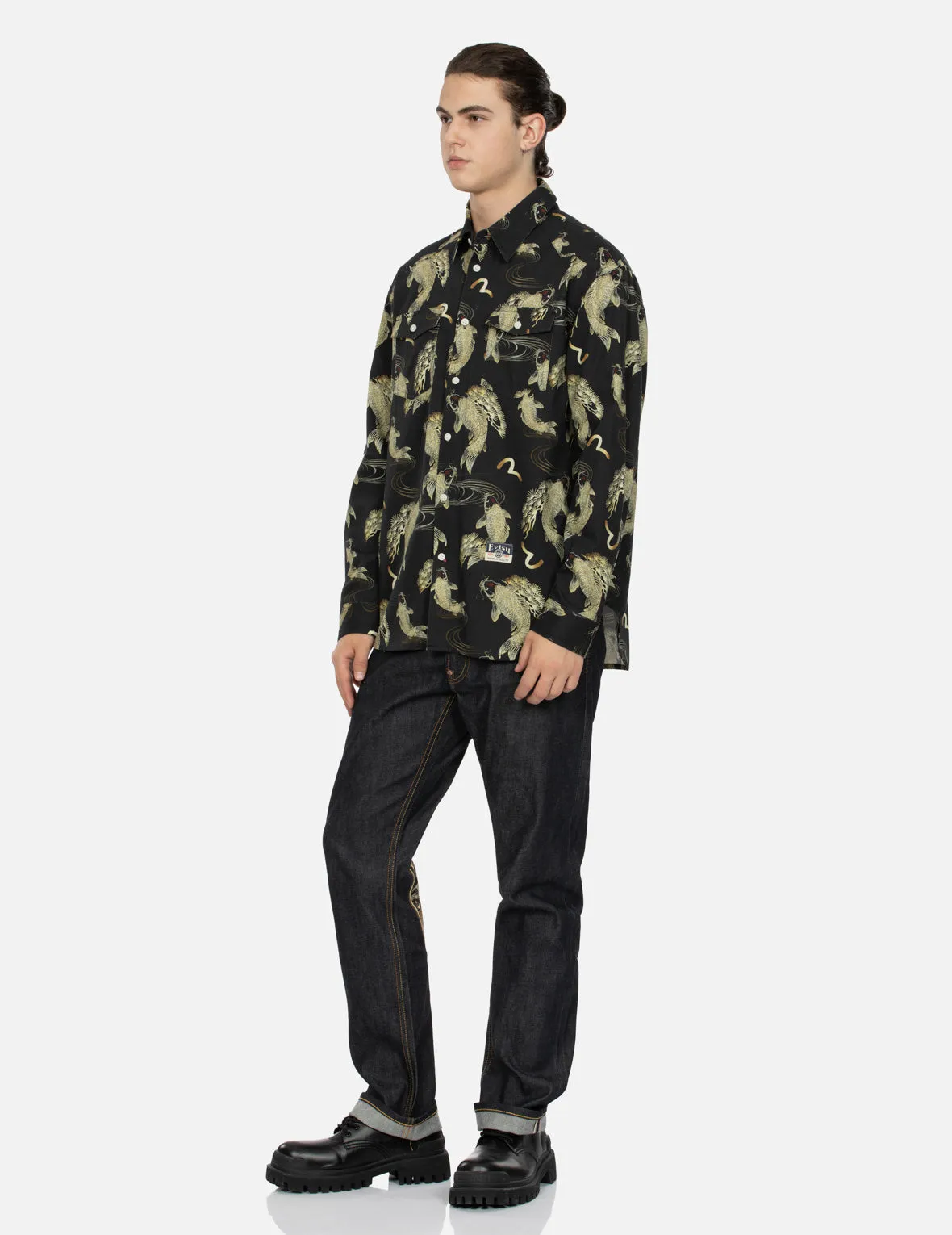 Allover Carp and Seagull Print Oversized Shirt