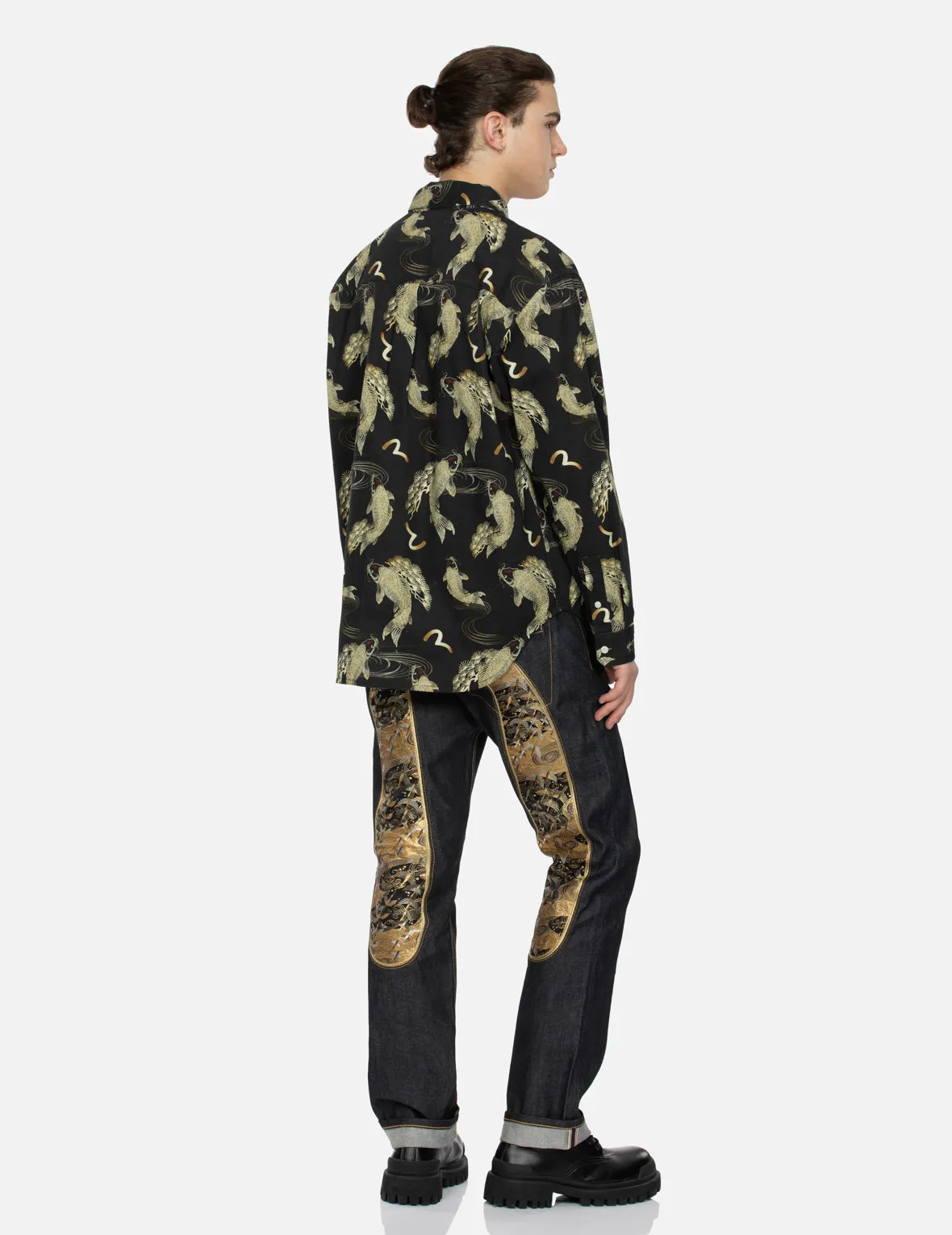 Allover Carp and Seagull Print Oversized Shirt