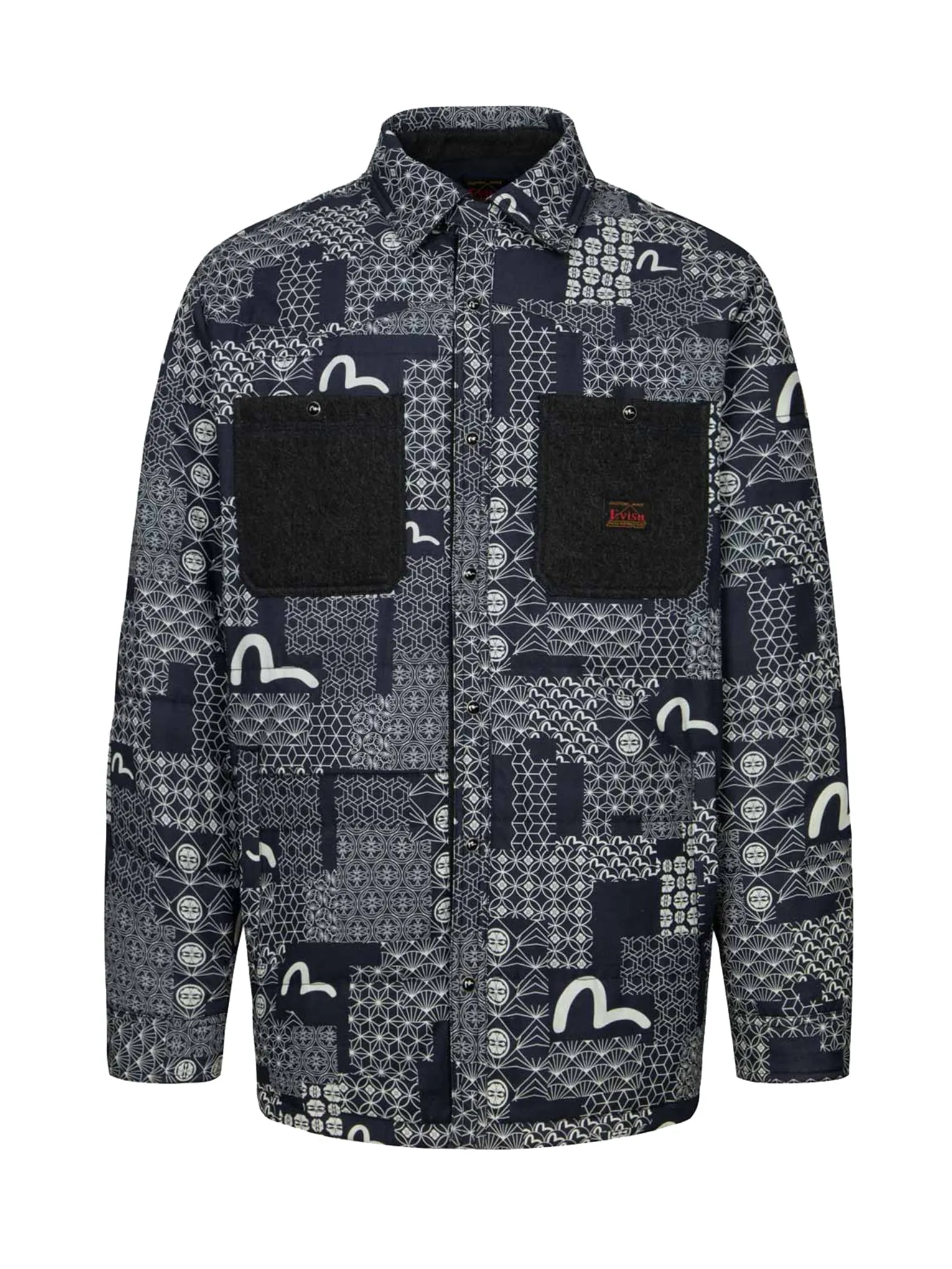 Allover Seagull and Kamon Print Loose Fit Padded Shirt Jacket