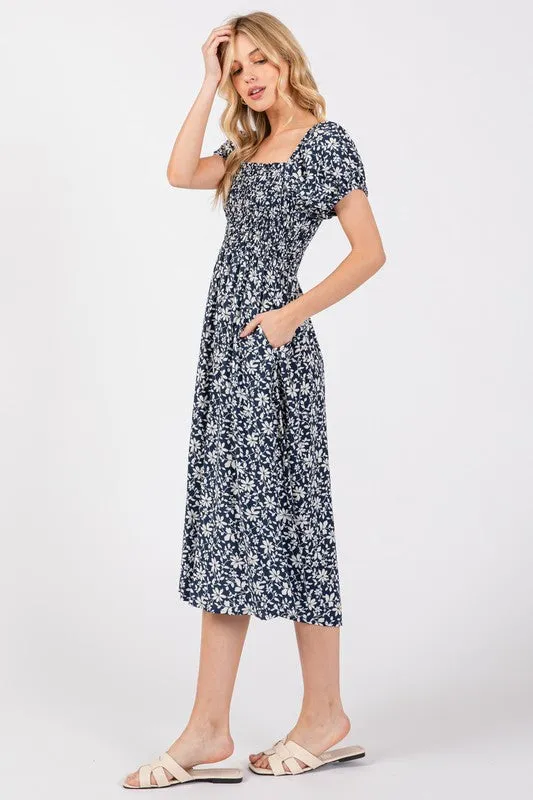 Blue White Floral Smock Dress