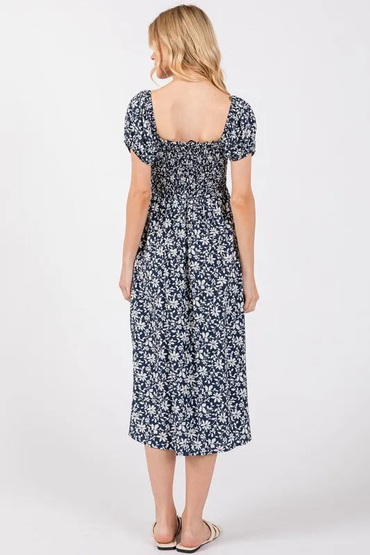 Blue White Floral Smock Dress