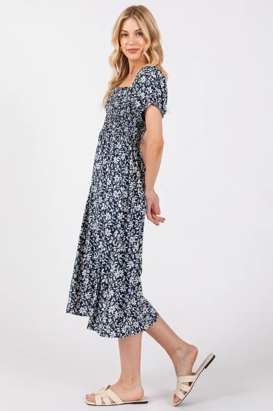 Blue White Floral Smock Dress