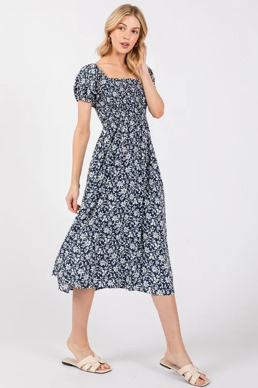Blue White Floral Smock Dress