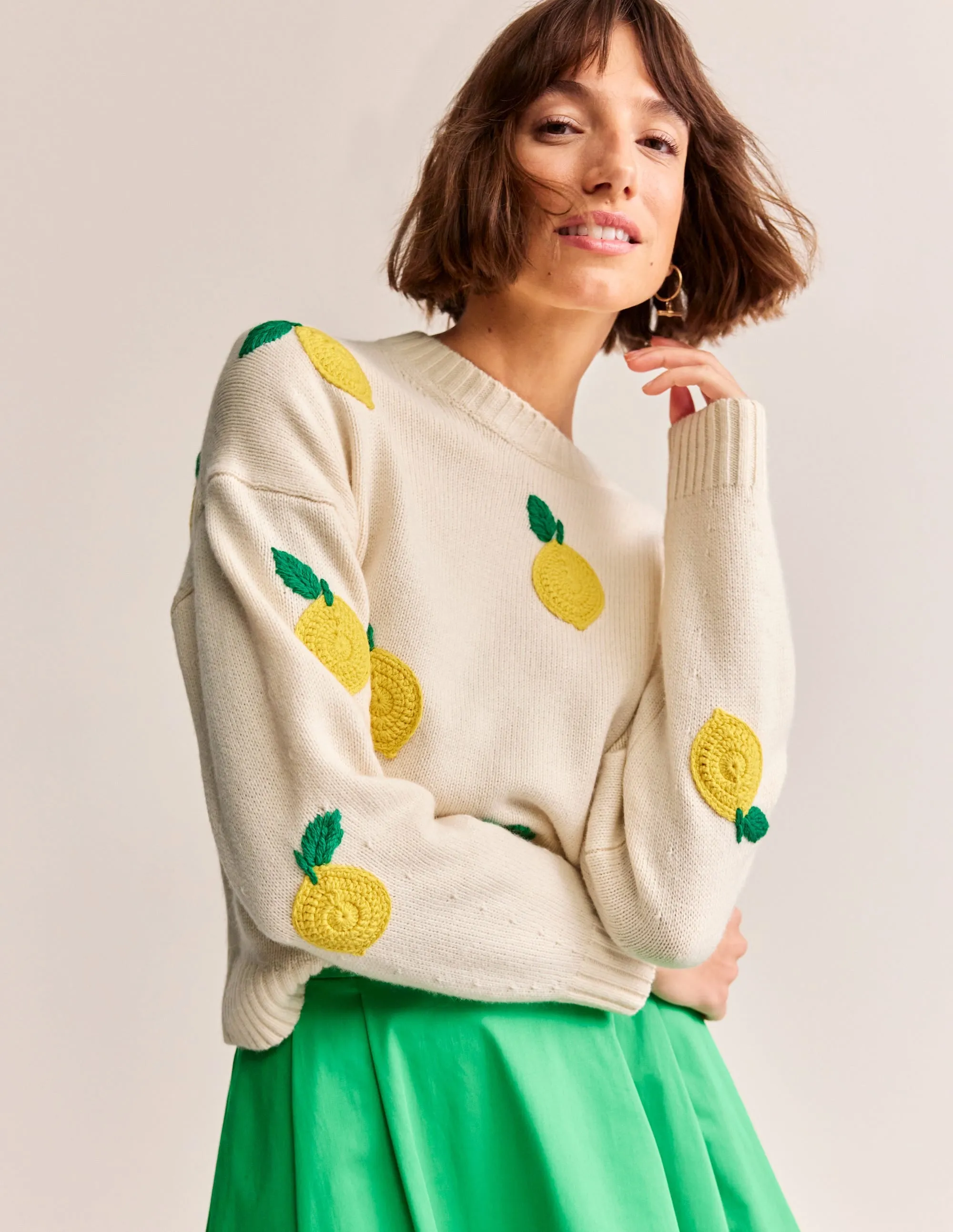 Hand Embroidered Jumper-Warm Ivory, Lemons