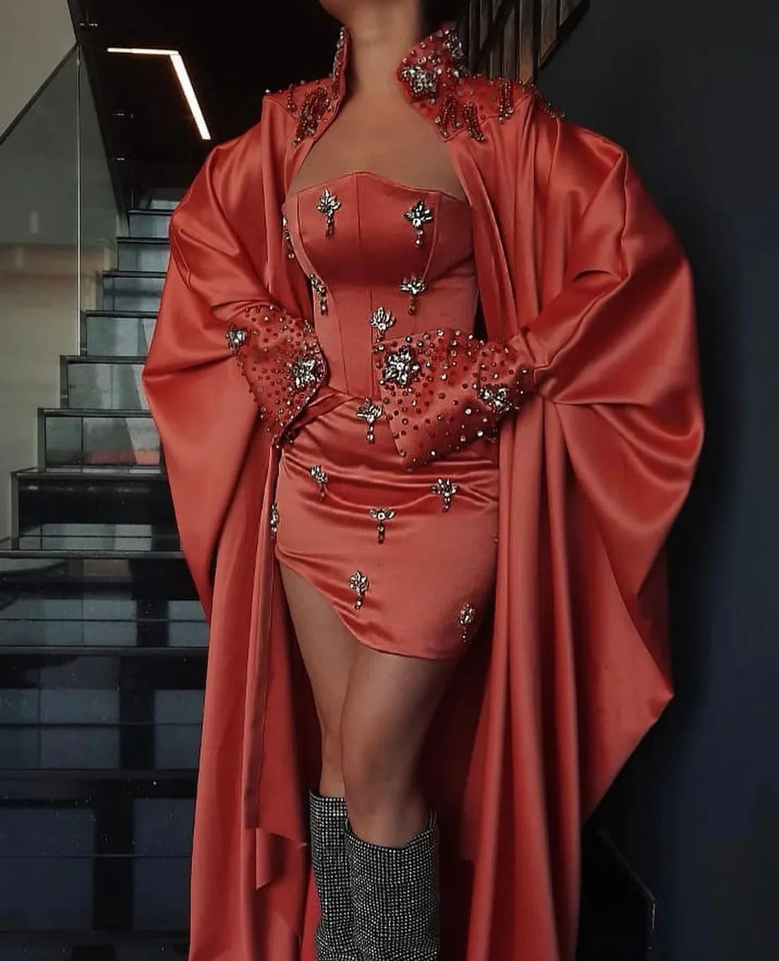 Harleigh Unique Red Lace Beaded  Evening Dress