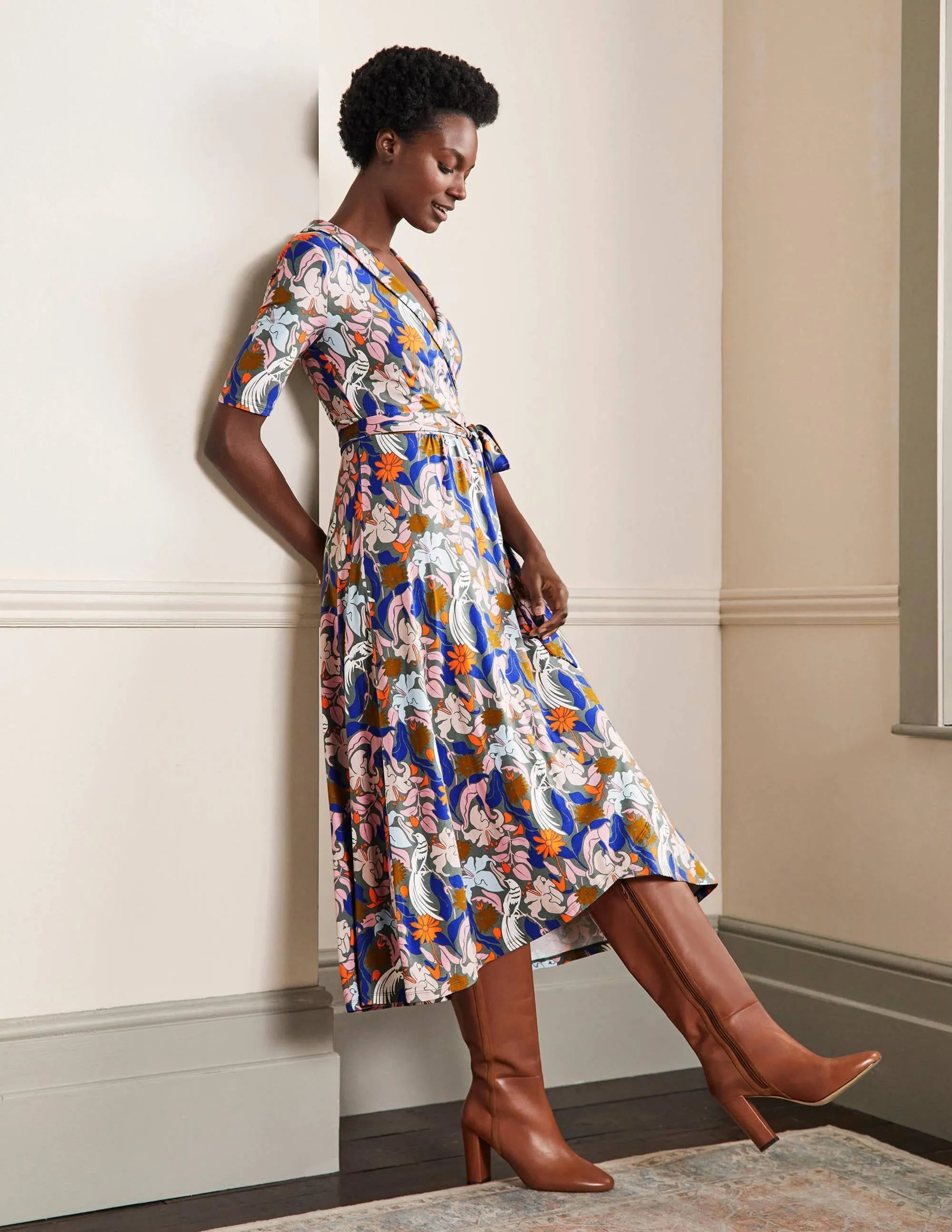 Lavinia Jersey Wrap Dress-Alder, Oriental Bird