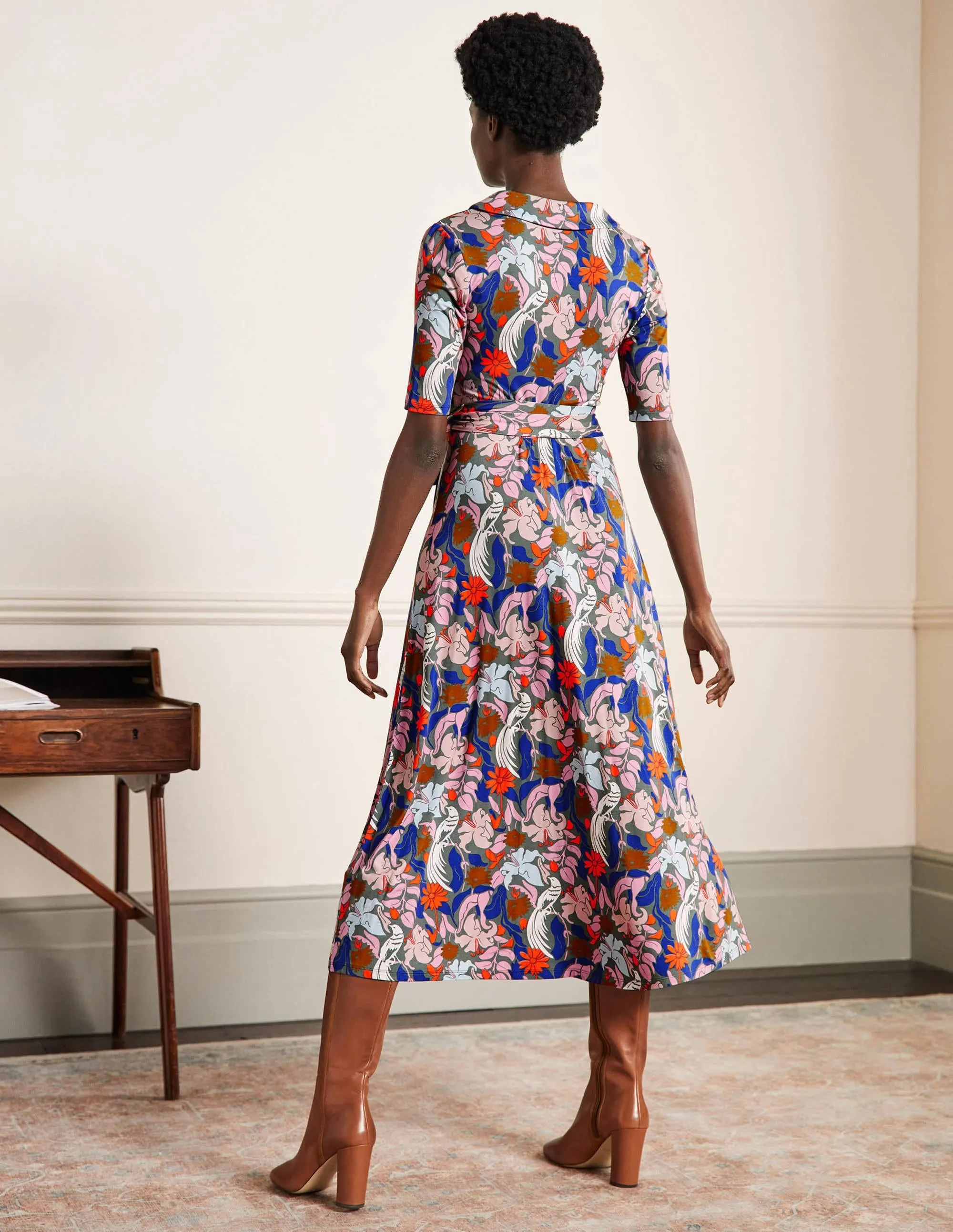 Lavinia Jersey Wrap Dress-Alder, Oriental Bird