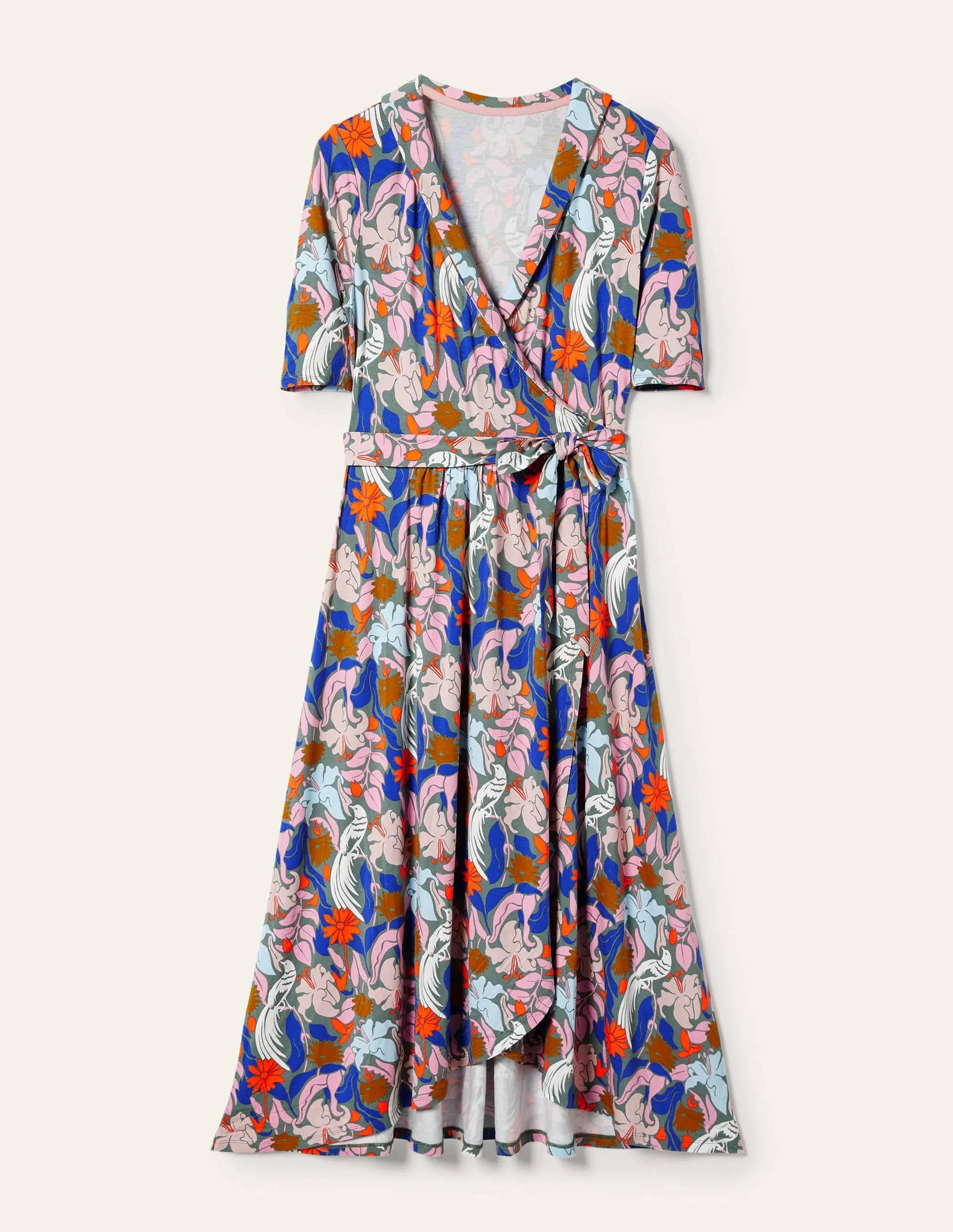 Lavinia Jersey Wrap Dress-Alder, Oriental Bird
