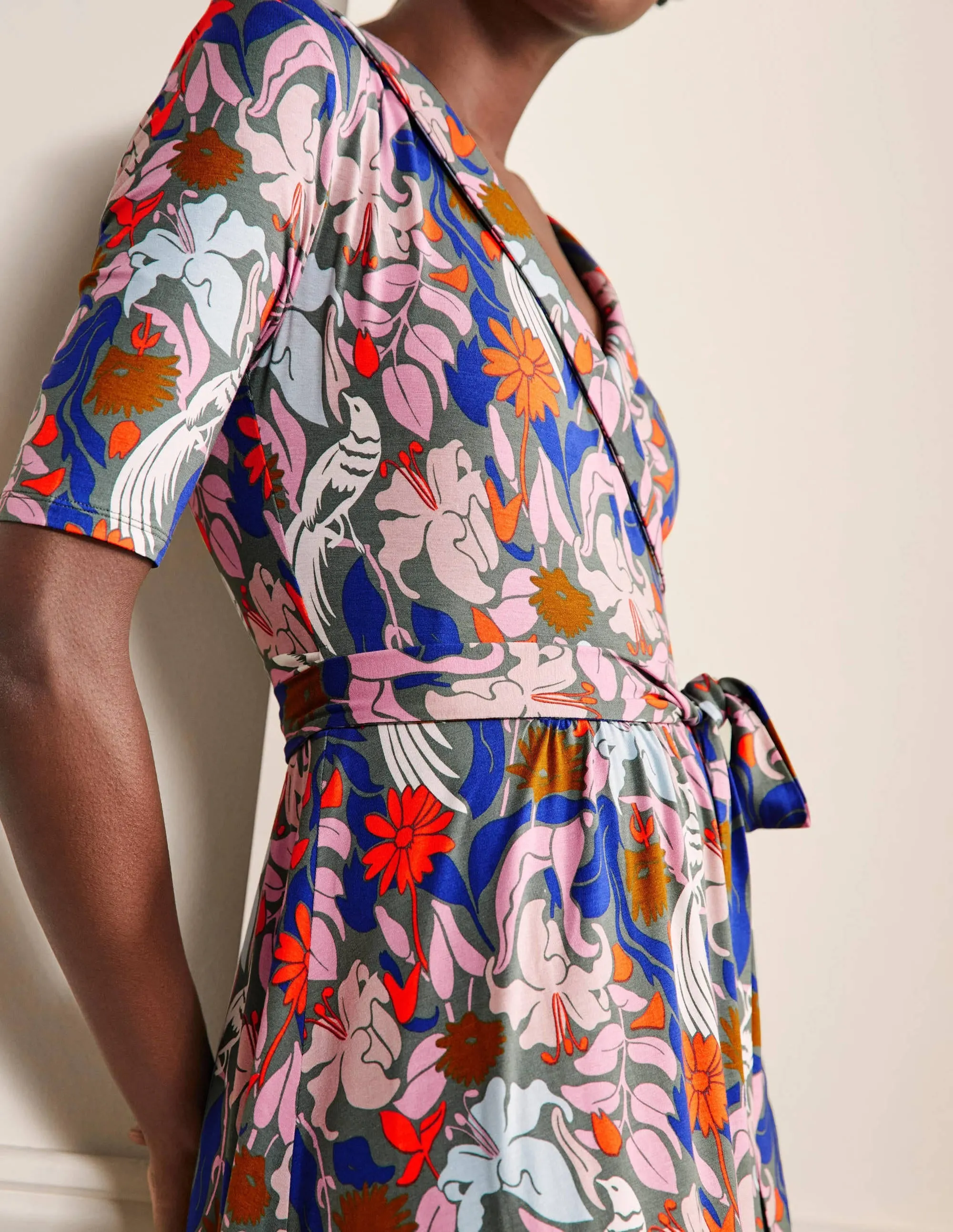 Lavinia Jersey Wrap Dress-Alder, Oriental Bird