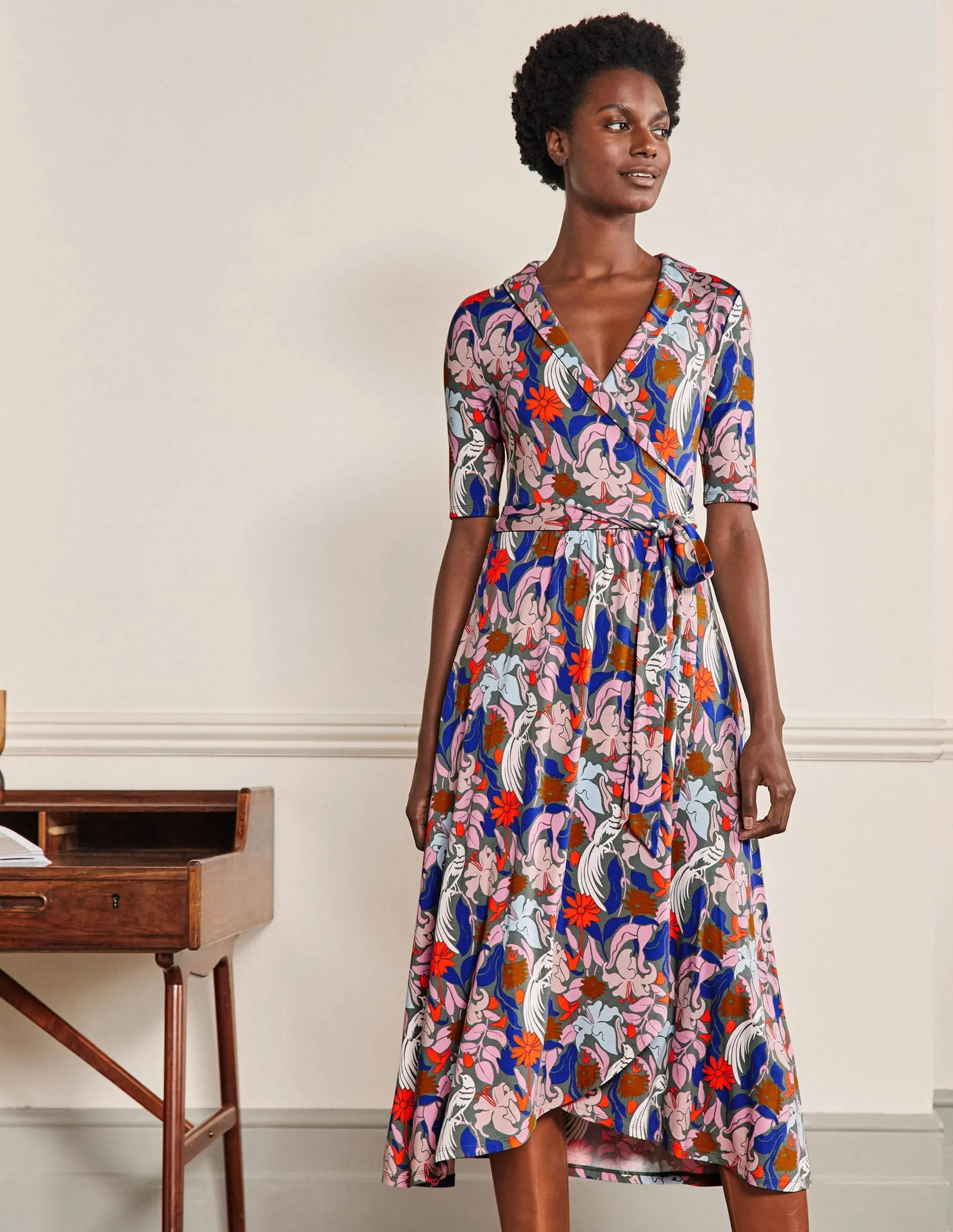 Lavinia Jersey Wrap Dress-Alder, Oriental Bird