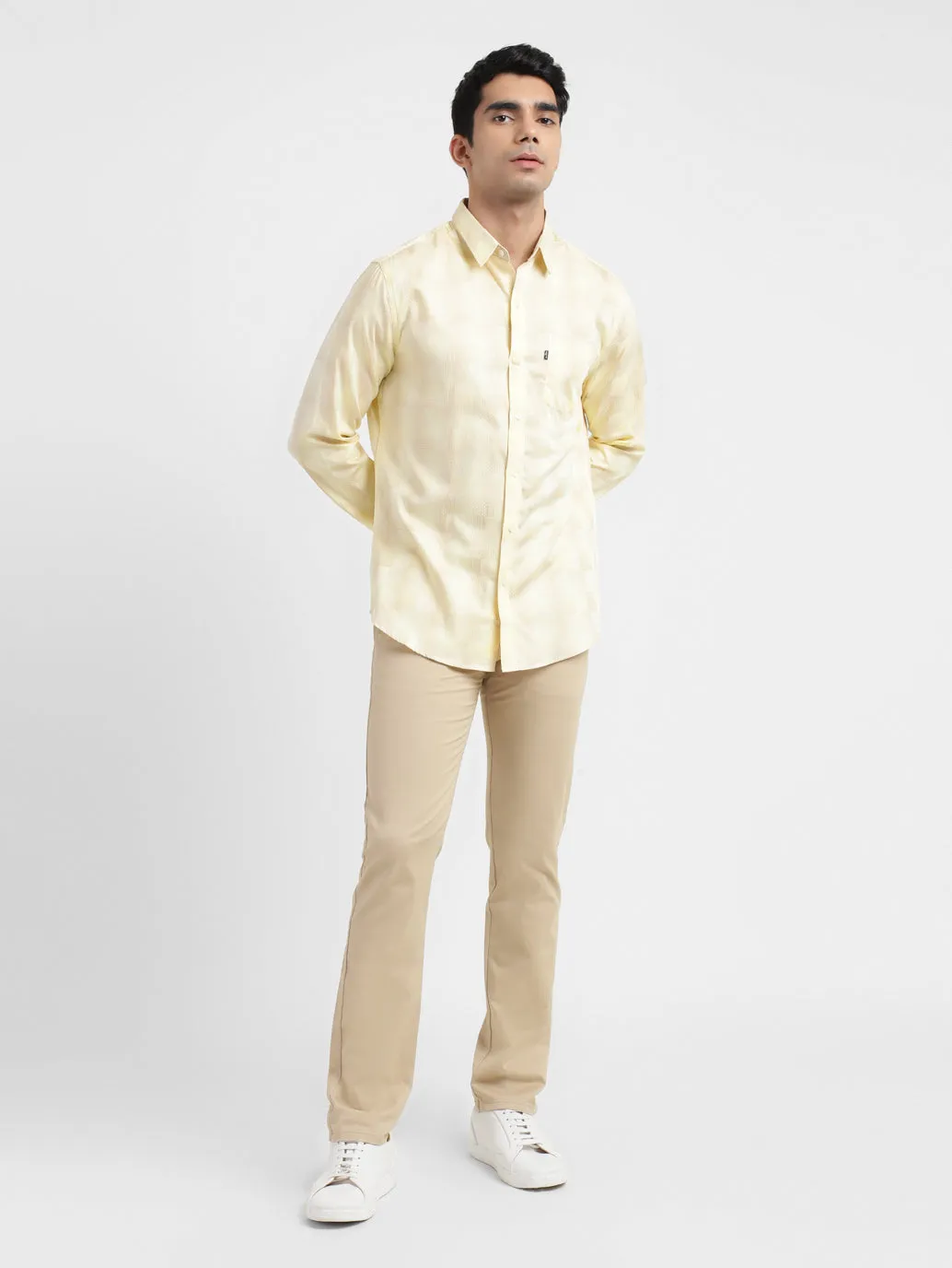Men's Checkered Spread Collar Shirt Beige