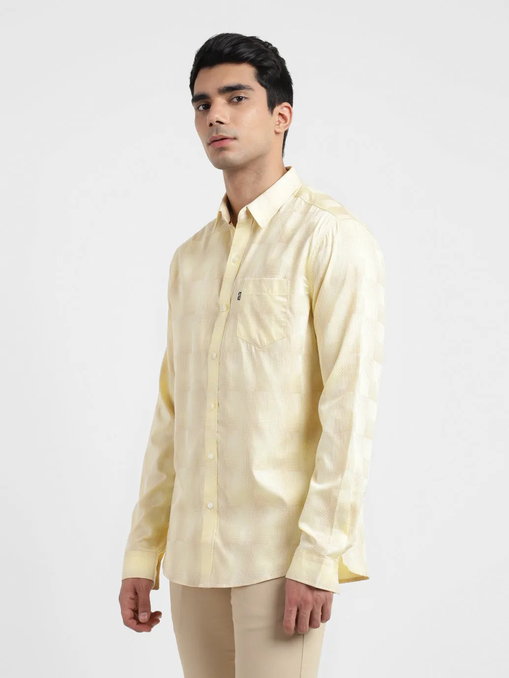 Men's Checkered Spread Collar Shirt Beige