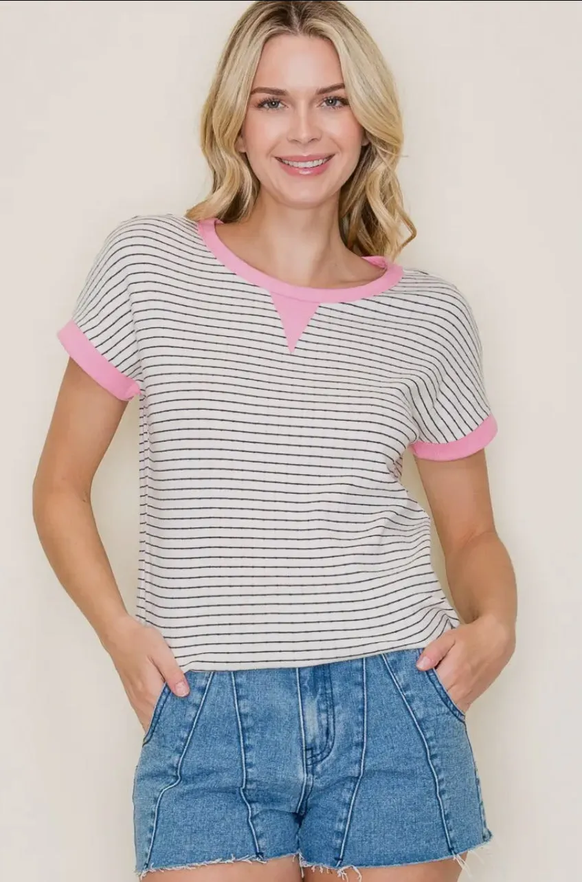Pink Collard Ivory & Navy Pointelle Stripe Top