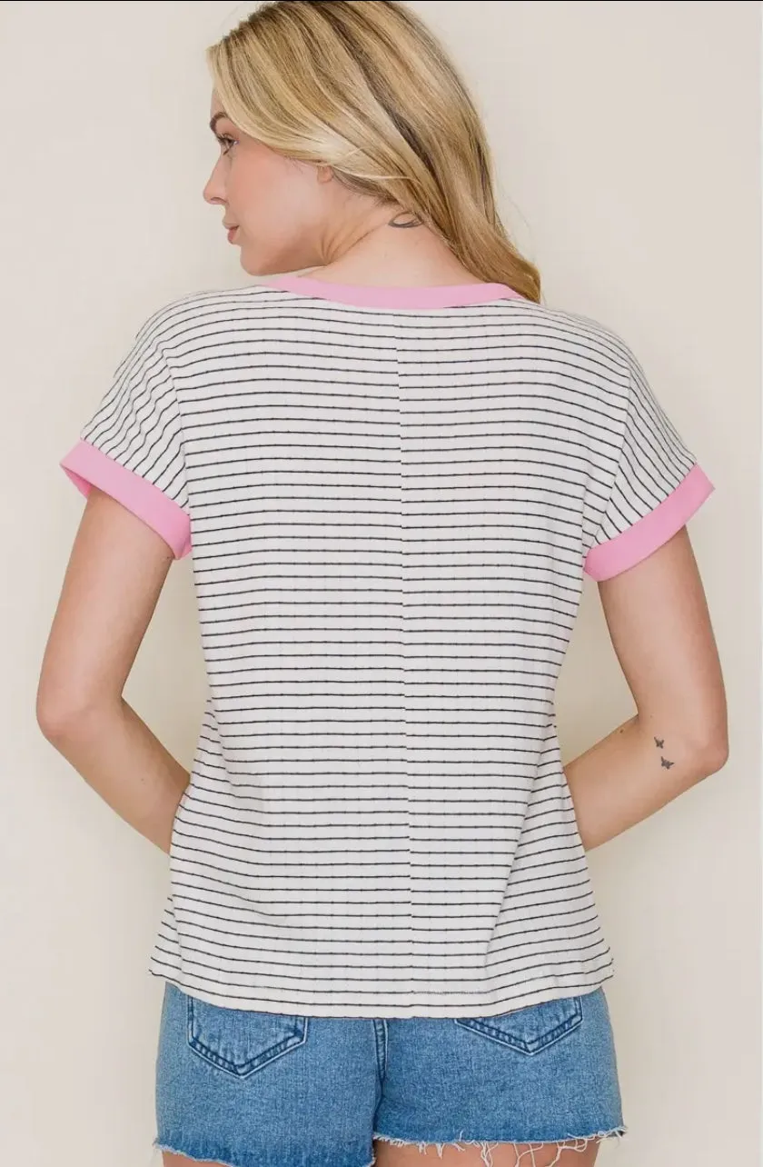 Pink Collard Ivory & Navy Pointelle Stripe Top