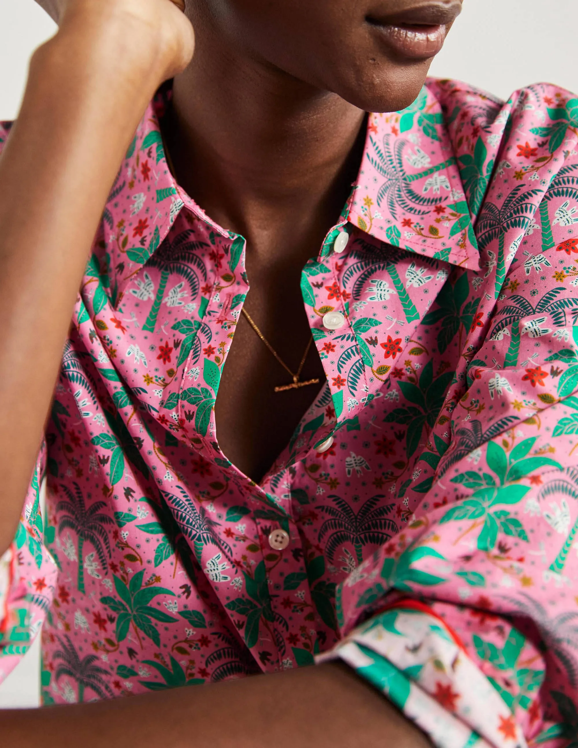 Relaxed Cotton Shirt-Posy Pink, Oriental Palm