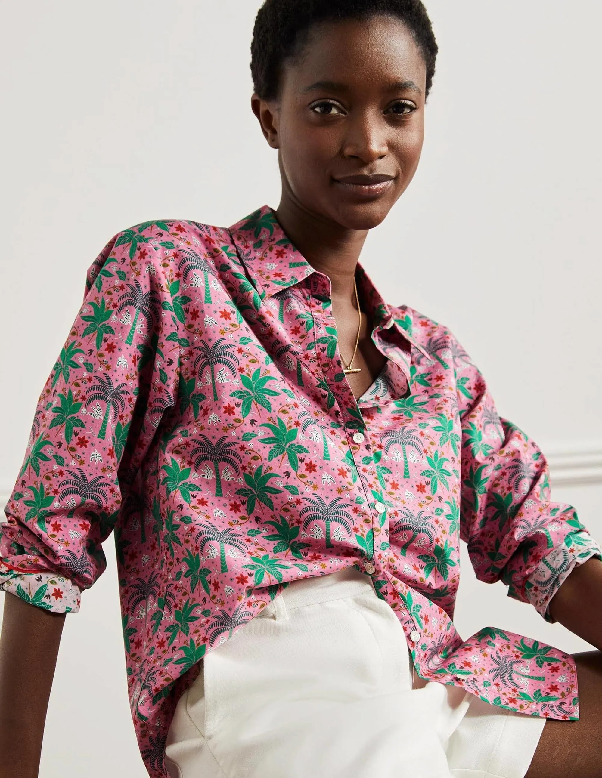 Relaxed Cotton Shirt-Posy Pink, Oriental Palm