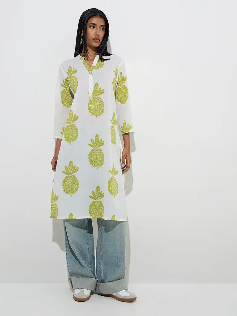 Utsa White Butta Printed Straight Kurta