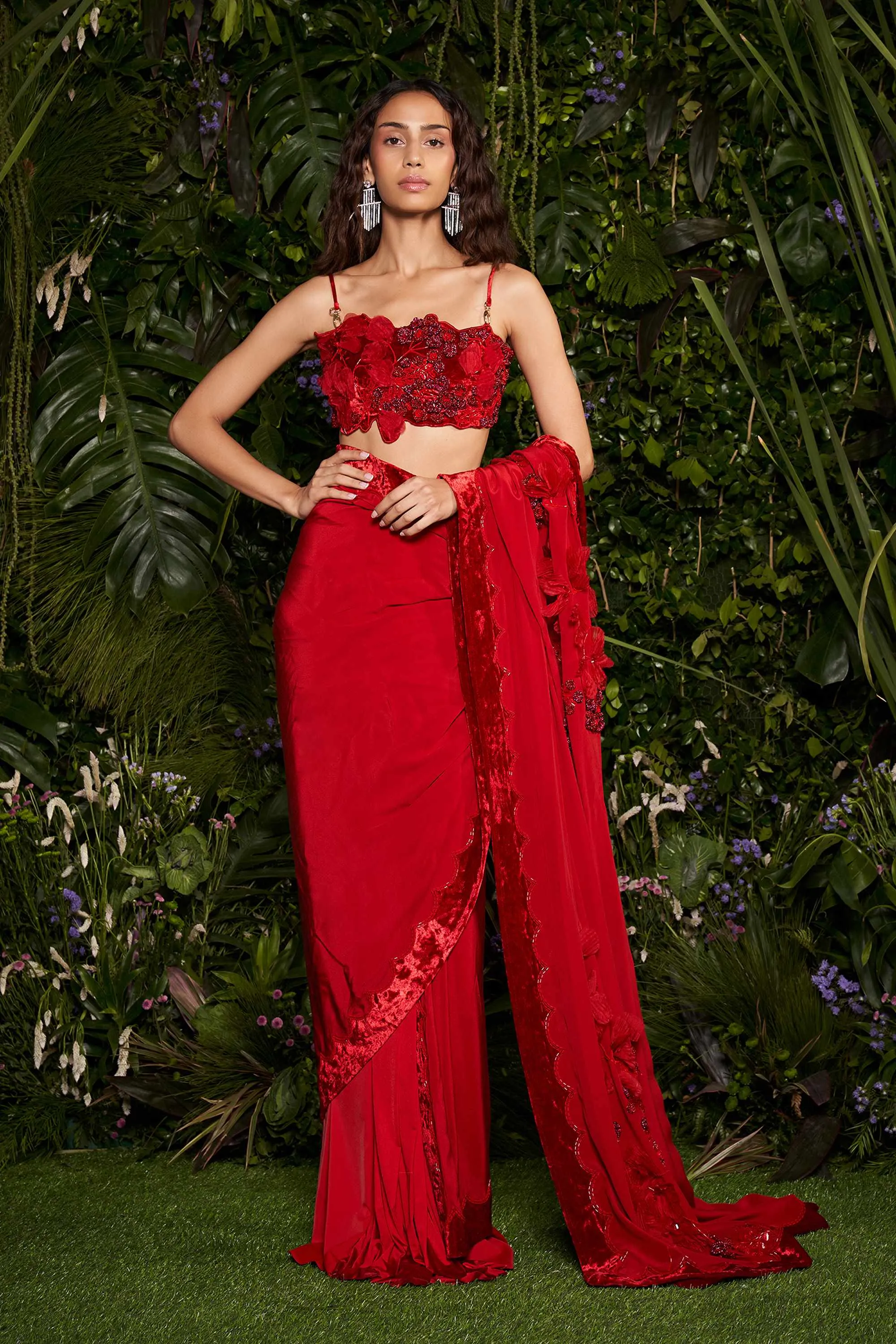 Vermillion Rosary Blouse with Velveteen Tailored Sari
