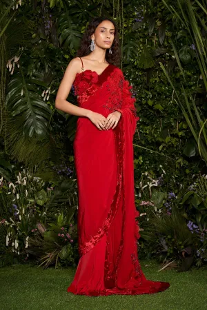Vermillion Rosary Blouse with Velveteen Tailored Sari