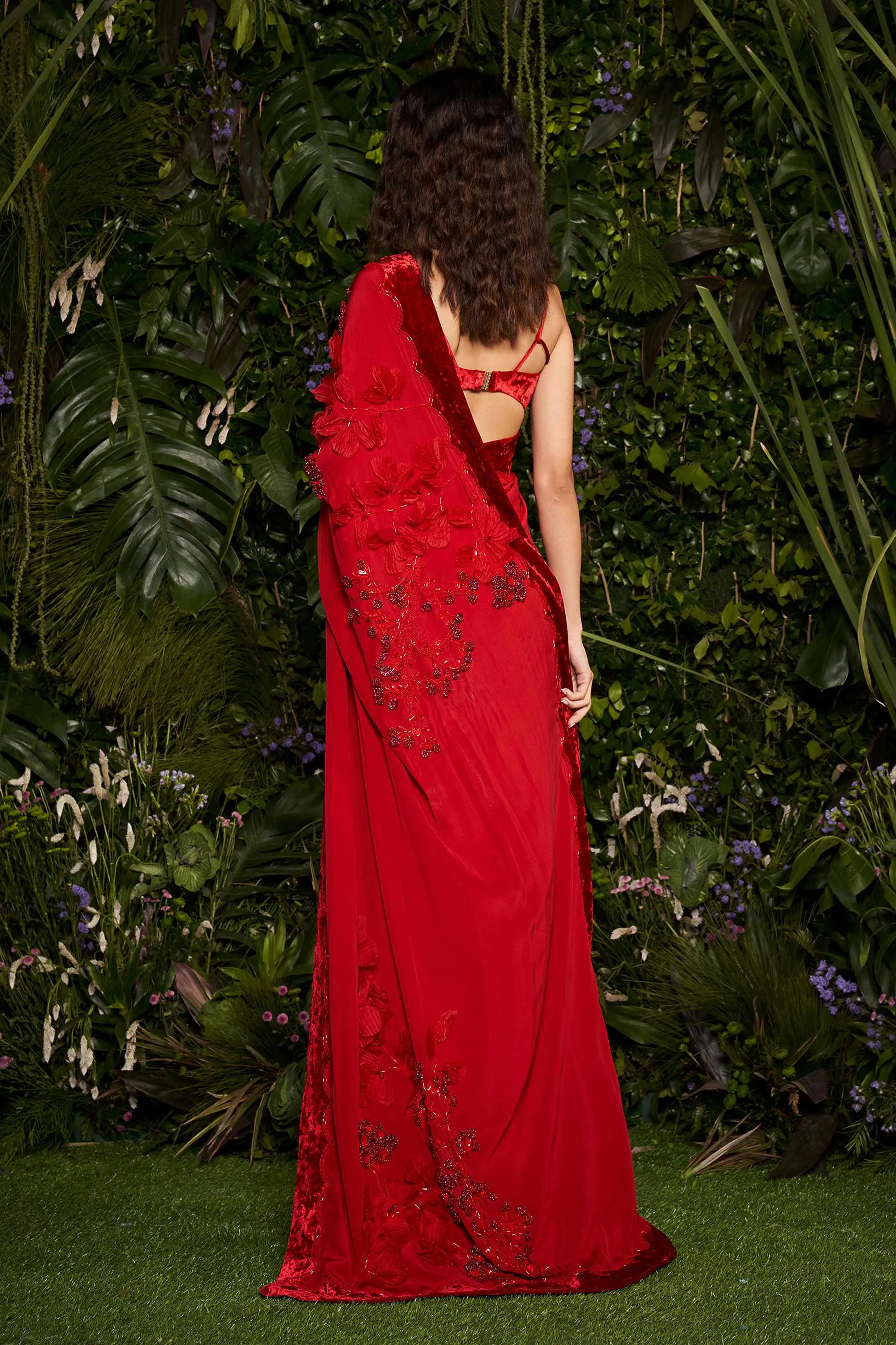 Vermillion Rosary Blouse with Velveteen Tailored Sari